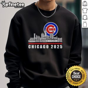 Alt Text: Official Chicago Cubs 2025 sweatshirt featuring skyline design, perfect for fans and stylish sportswear collectors.