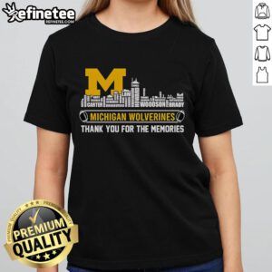 Michigan Wolverines Thank You For The Memories Ladies Tee featuring official skyline design.