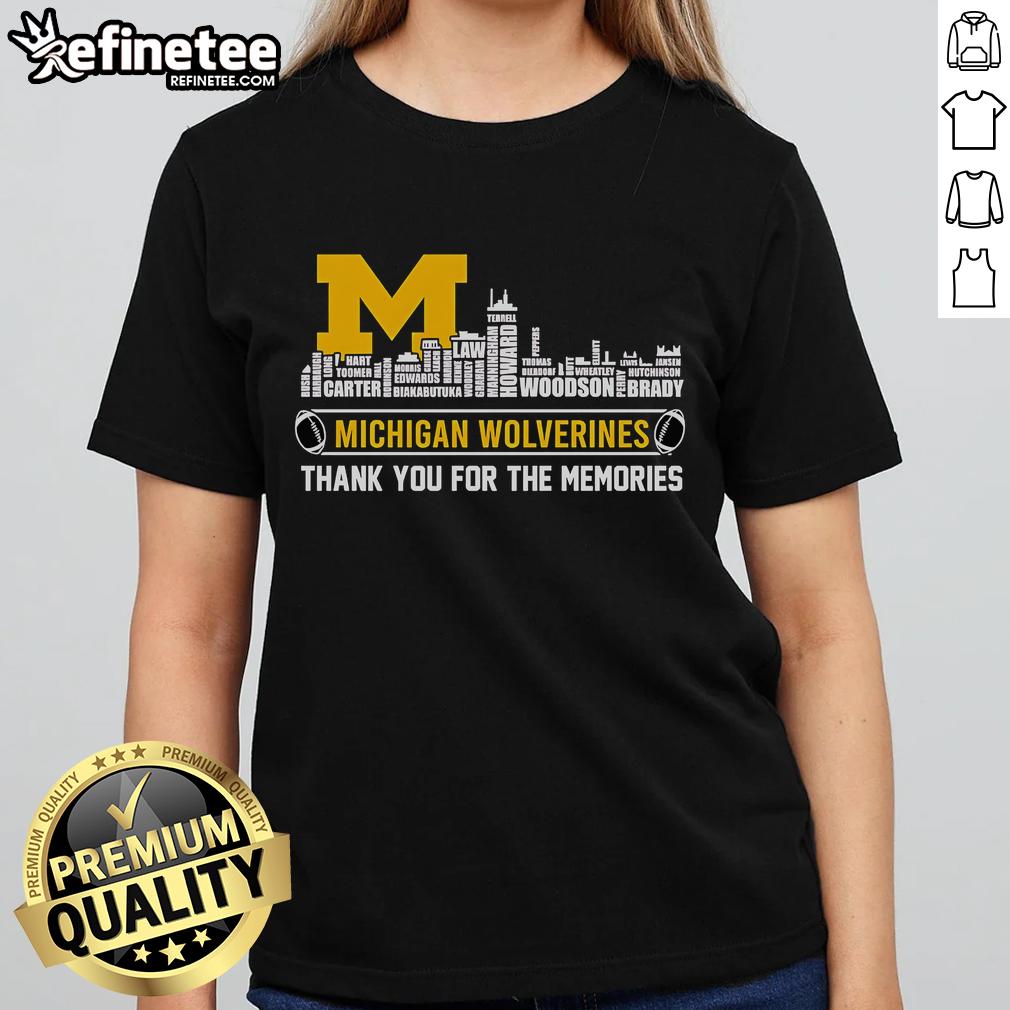 Michigan Wolverines Thank You For The Memories Ladies Tee featuring official skyline design.