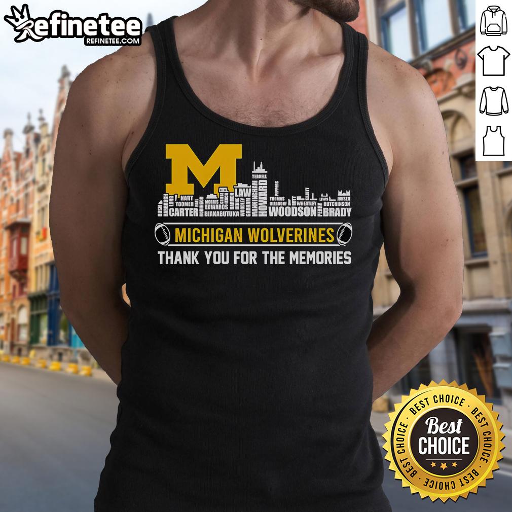 Alt Text: Official Michigan Wolverines Thank You For The Memories tank top with skyline design, perfect for fans.