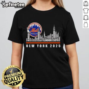 Alt Text: Official New York Mets 2025 ladies tee featuring skyline design, perfect for fans and stylish game day wear.