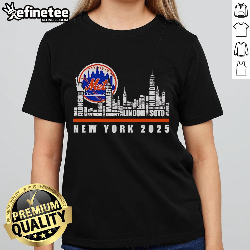 Alt Text: Official New York Mets 2025 ladies tee featuring skyline design, perfect for fans and stylish game day wear.