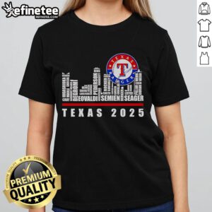 Alt Text: Official Texas Rangers 2025 ladies tee featuring a stylish skyline design, perfect for fans and casual wear.