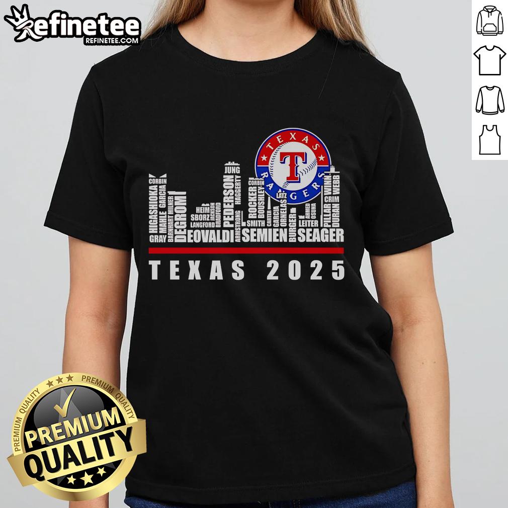 Alt Text: Official Texas Rangers 2025 ladies tee featuring a stylish skyline design, perfect for fans and casual wear.