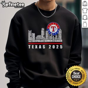 Alt Text: Official Texas Rangers 2025 sweatshirt featuring the team's skyline logo, perfect for fans and casual wear.