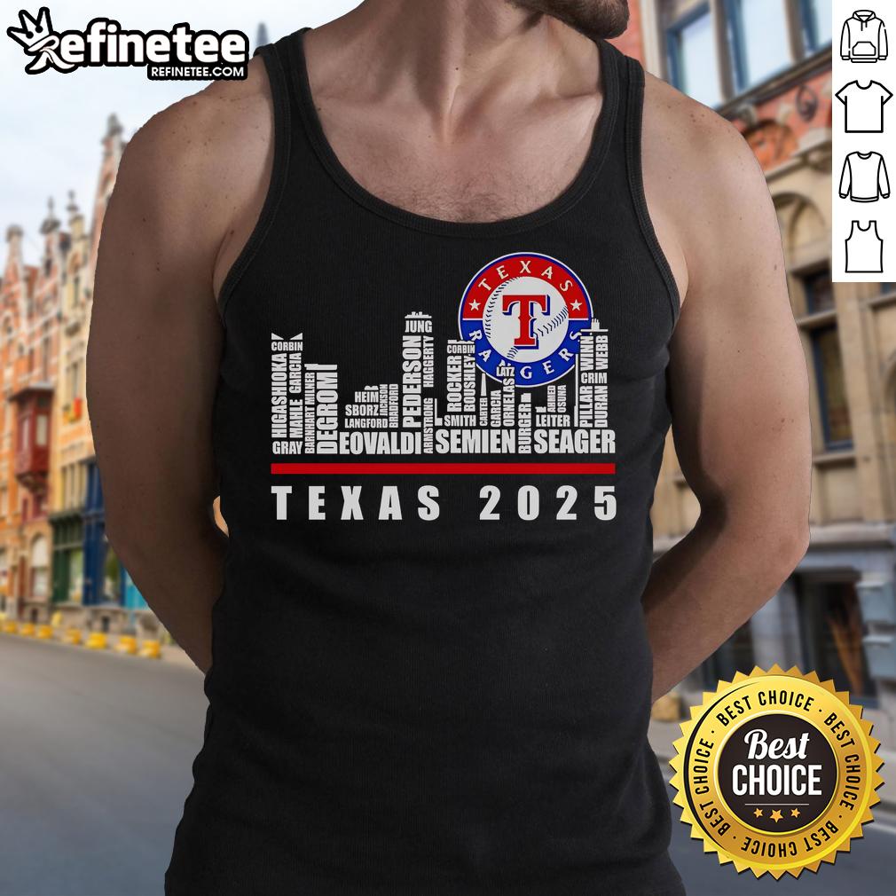 Official Texas Rangers 2025 tank top featuring a stylish skyline design, perfect for baseball fans.