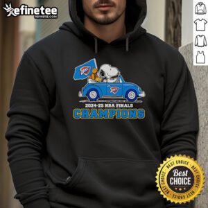 Alt Text: Snoopy and Woodstock celebrating in an OKC Thunder 2024-25 NBA Finals Champions hoodie, showcasing team pride.