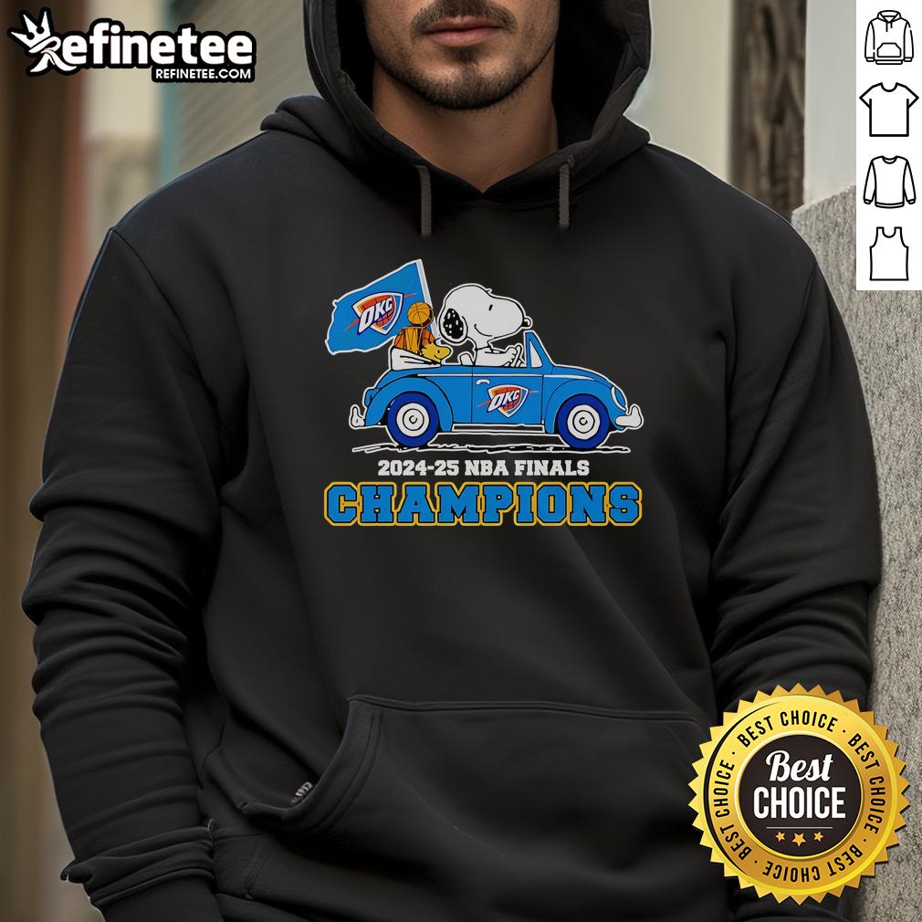 Alt Text: Snoopy and Woodstock celebrating in an OKC Thunder 2024-25 NBA Finals Champions hoodie, showcasing team pride.