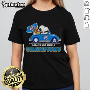 Alt Text: Snoopy and Woodstock celebrate the OKC Thunder 2024-25 NBA Finals Champions in a stylish ladies tee design.