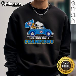 Alt Text: Official Snoopy and Woodstock riding on OKC Thunder 2024-25 NBA Finals Champions sweatshirt design.