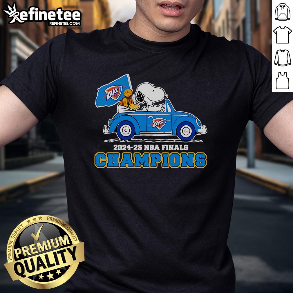 Official Snoopy and Woodstock riding OKC Thunder 2024-25 NBA Finals Champions T-Shirt design featuring vibrant graphics.