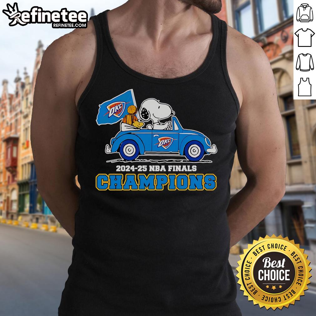 Official Snoopy and Woodstock tank top celebrating OKC Thunder 2024-25 NBA Finals Champions, perfect for fans.