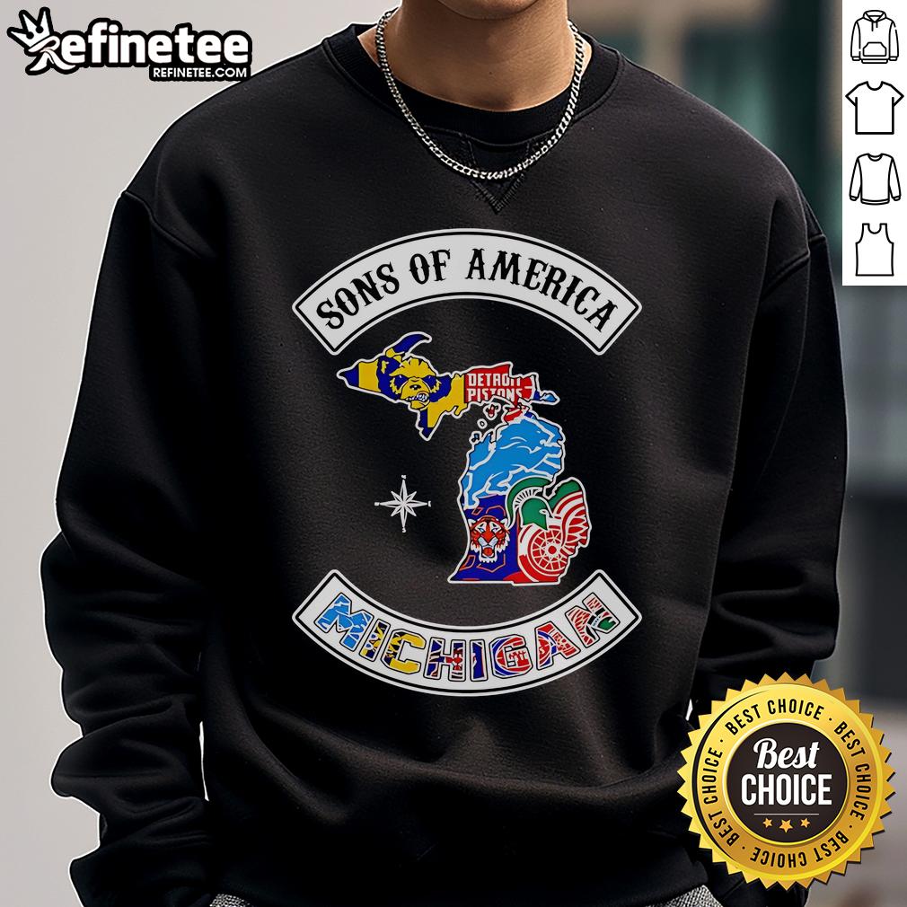 Alt Text: Official Sons of America Michigan sports sweatshirt featuring bold logo and cozy design, perfect for fans and outdoor wear.
