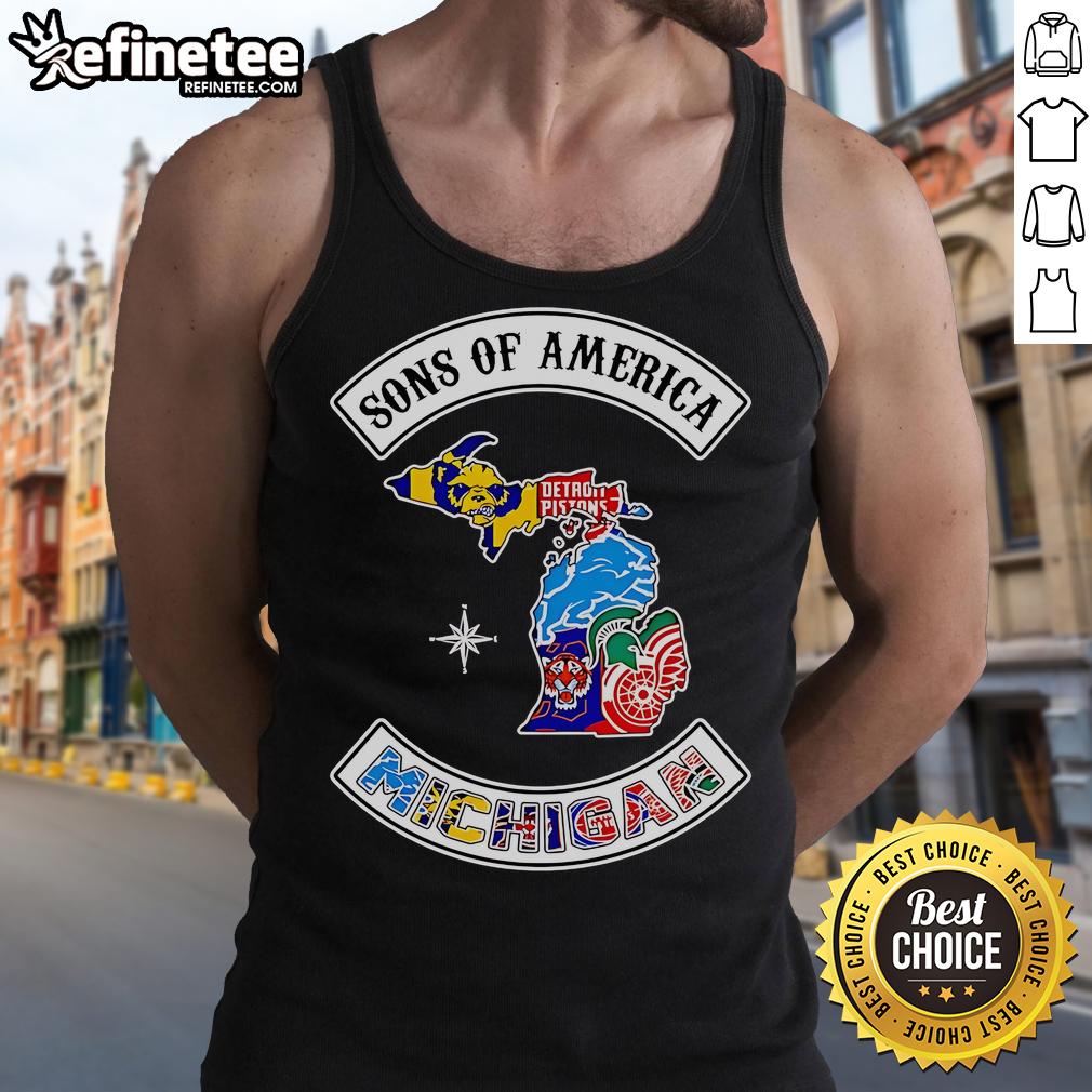 Official Sons of America Michigan Sports Tank Top featuring vibrant design, perfect for fans and summer activities.