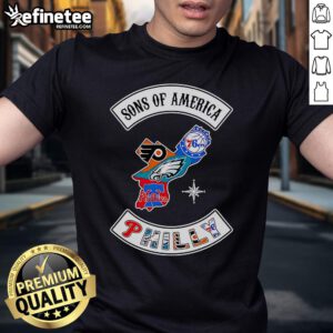 Alt Text: Official Sons Of America Philadelphia Sports T-Shirt featuring team logos and vibrant colors for fans and athletes.