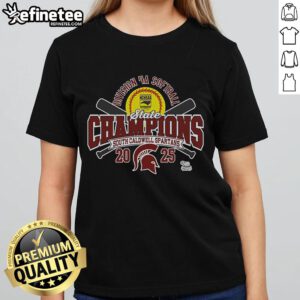 Alt Text: Official South Caldwell Spartans 2025 NCHSAA Women's 4A Softball State Champions Ladies Tee shirt design.