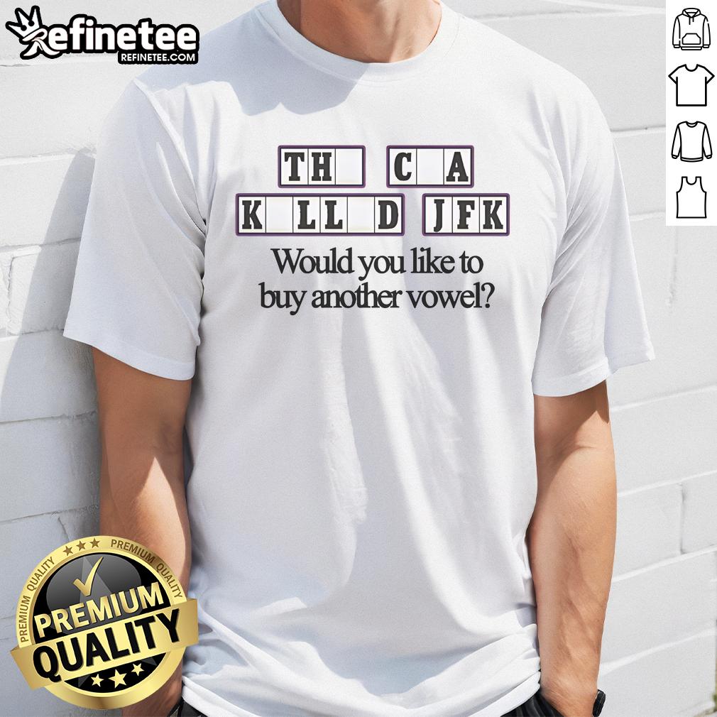 Official Cia Killed JFK T-Shirt design featuring 'Would You Like To Buy Another Vowel?' graphic, perfect for conspiracy fans.