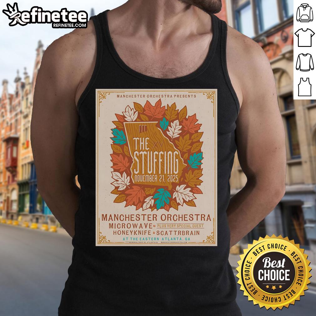 Official The Stuffing XV November 21, 2025 poster on tank top, showcasing event details in Atlanta, GA.