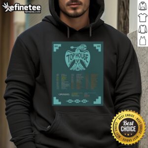 Alt Text: Official Top House Tour 2025 poster hoodie featuring vibrant graphics and tour details, perfect for fans and collectors.