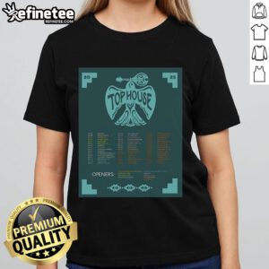 Alt Text: Official Top House Tour 2025 poster on a ladies tee, featuring vibrant graphics and event details for fans.