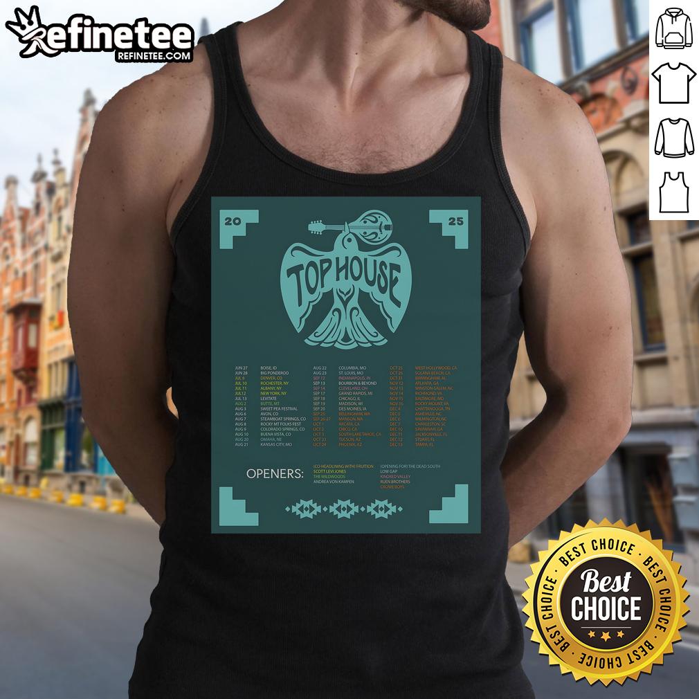 Official Top House Tour 2025 poster on a tank top, featuring vibrant graphics and event details for fans.