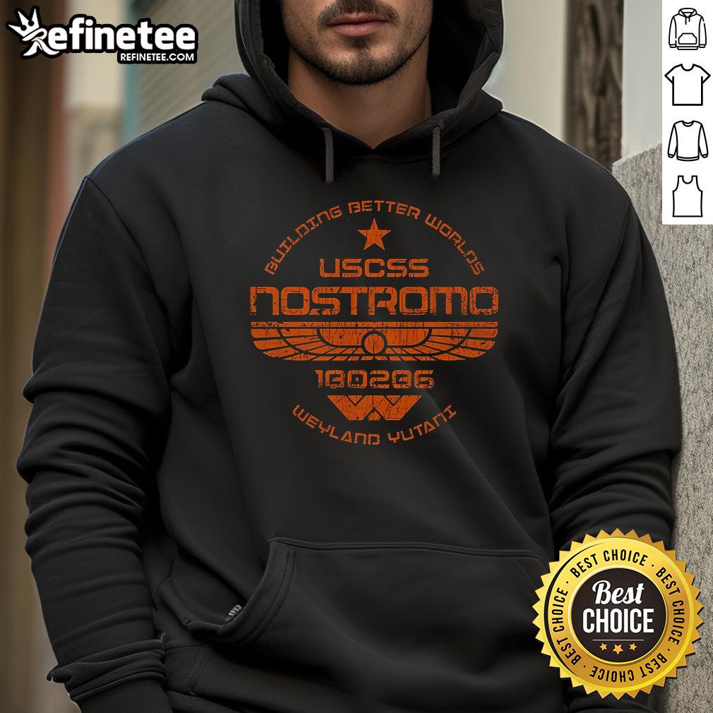 Alt Text: Official USCSS Nostromo Building Better Worlds Hoodie featuring a stylish design inspired by sci-fi aesthetics.