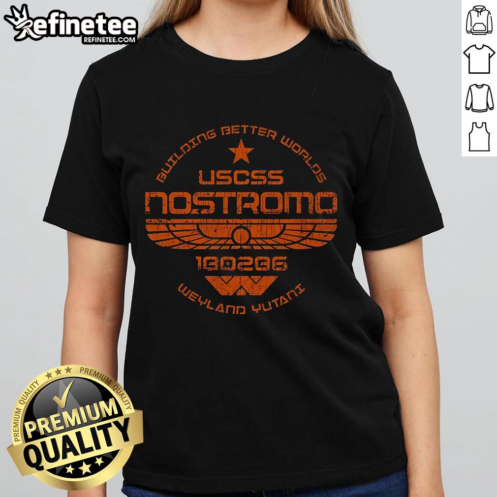 Official USCSS Nostromo Building Better Worlds Ladies Tee showcasing a stylish design for fans of the Alien franchise.