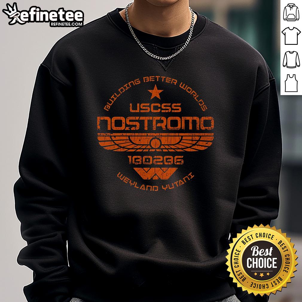 Cozy Official USCSS Nostromo sweatshirt featuring 'Building Better Worlds' design for sci-fi fans and collectors.