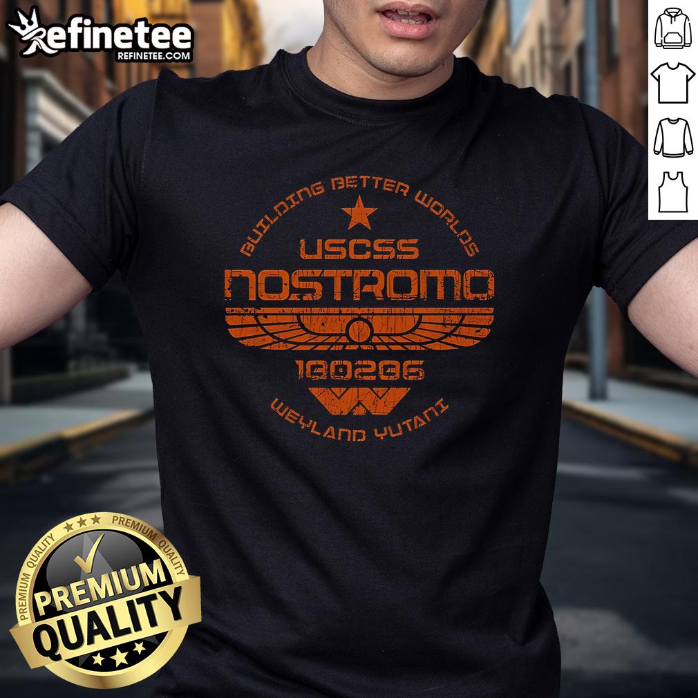 Official Uscss Nostromo Building Better Worlds T-Shirt featuring a classic design for sci-fi fans and collectors.