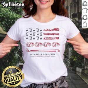 Alt Text: Original 19th Hole Golf Club Flag with Barstool Sports logo on a ladies' tee, perfect for golf enthusiasts.