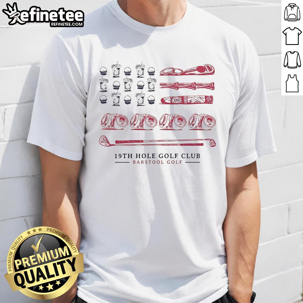 Alt Text: Original 19th Hole Golf Club Flag Barstool Sports T-Shirt featuring a vibrant golf flag design for enthusiasts.