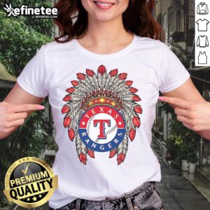 Original Texas Rangers Native American logo on a stylish ladies tee, perfect for fans and collectors.