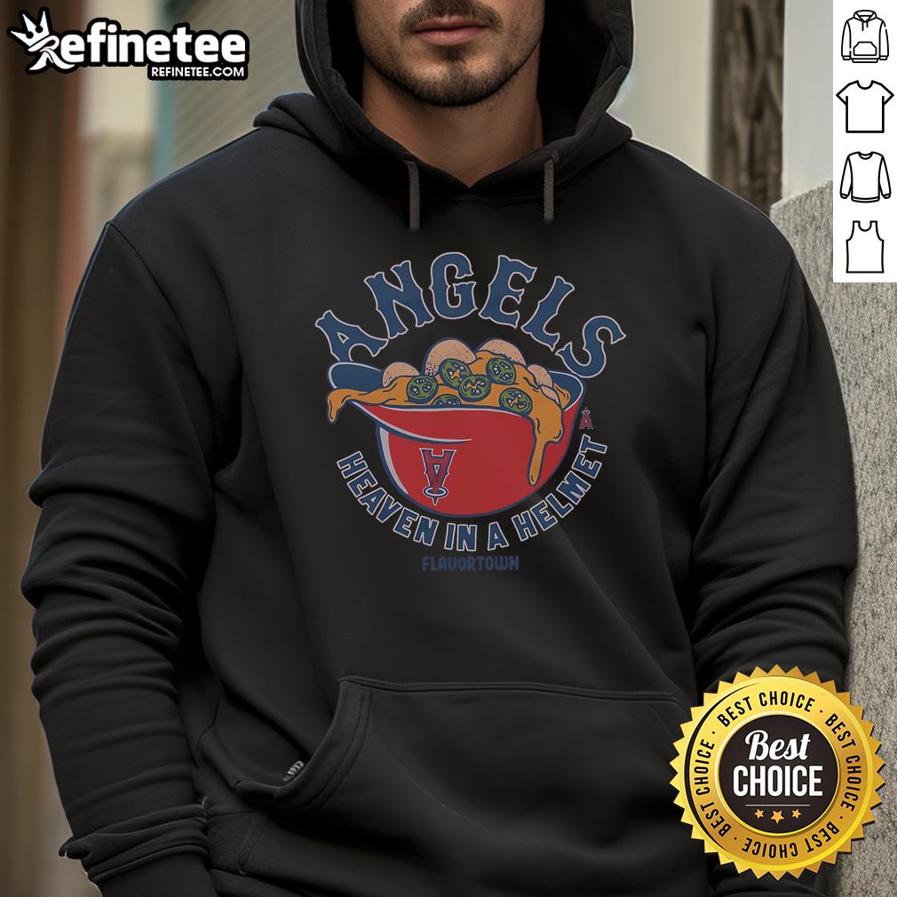 Alt Text: Premium MLB X Flavortown Los Angeles Angels Heaven in a Helmet Hoodie, featuring vibrant team colors and unique design.