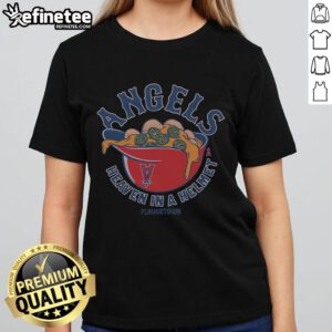 Premium MLB X Flavortown Los Angeles Angels Heaven in a Helmet Ladies Tee featuring vibrant team colors and stylish design.