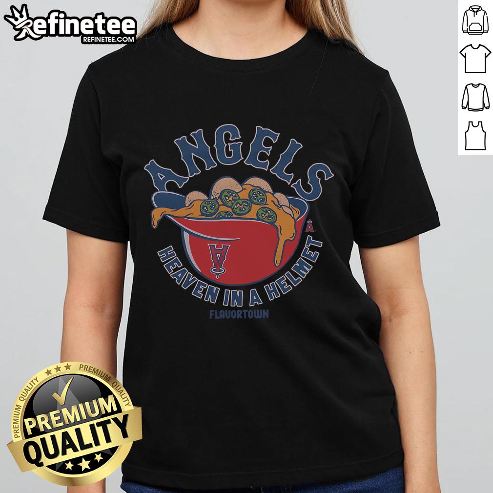 Premium MLB X Flavortown Los Angeles Angels Heaven in a Helmet Ladies Tee featuring vibrant team colors and stylish design.