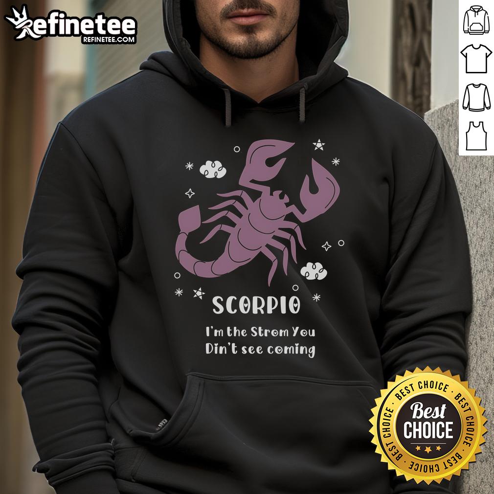 Stylish 'Pretty Scorpio I'm The Storm You Didn't See Coming' hoodie showcasing Scorpio zodiac design and vibrant colors.
