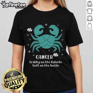 Top Cancer Crabby on the Outside Soft on the Inside Ladies Tee showcasing a playful crab graphic and vibrant colors.