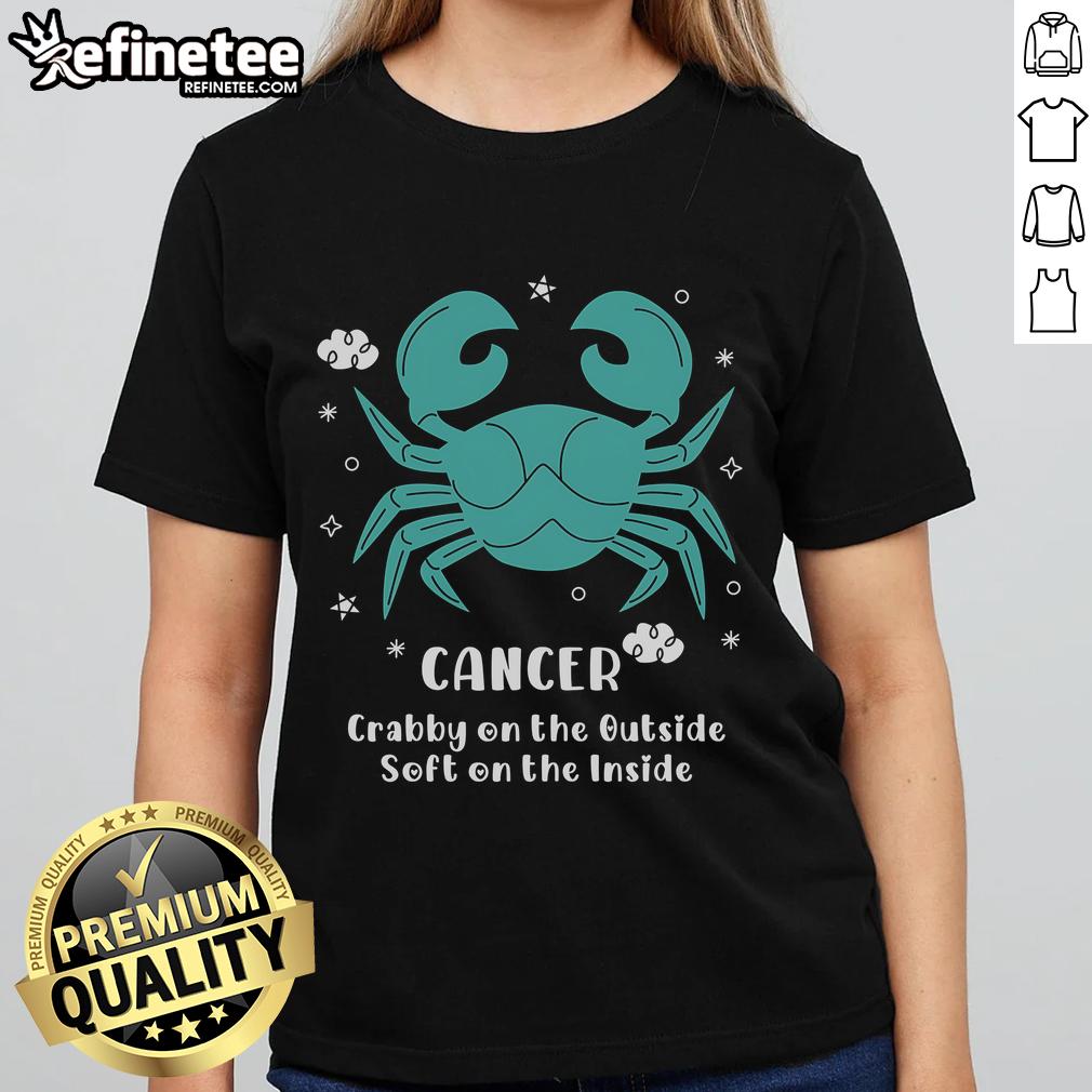 Top Cancer Crabby on the Outside Soft on the Inside Ladies Tee showcasing a playful crab graphic and vibrant colors.