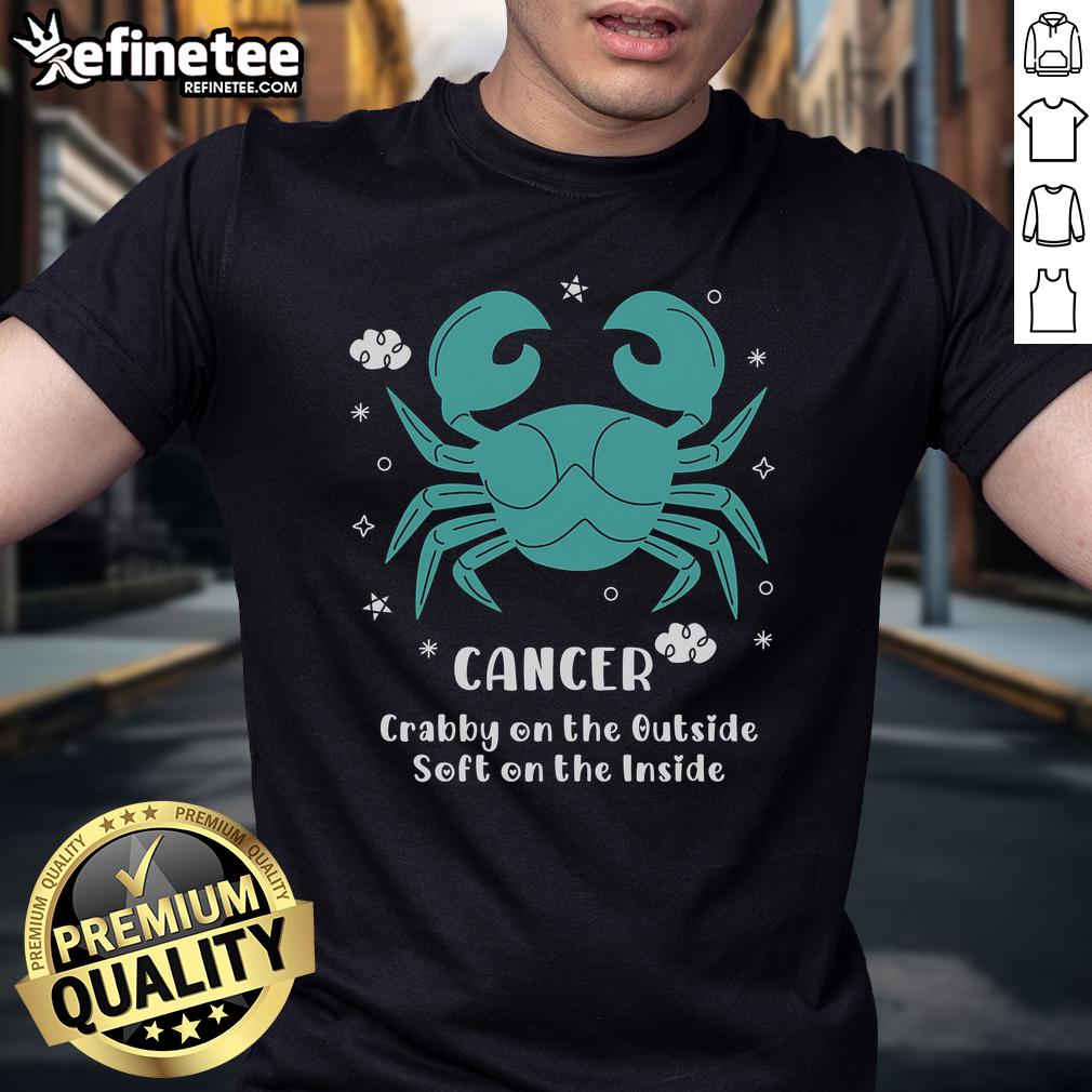 Alt Text: Top Cancer Crabby On The Outside Soft On The Inside T-Shirt featuring a fun crab graphic and vibrant colors.