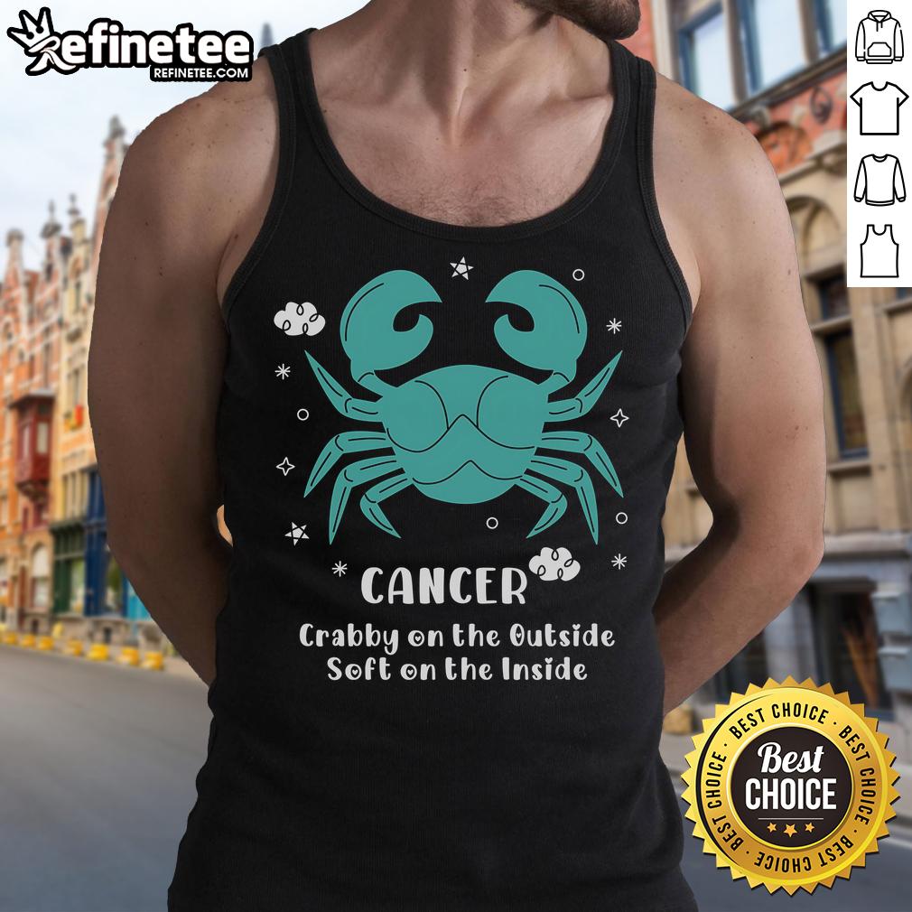 Top Cancer Crabby on the Outside Soft on the Inside tank top featuring a playful crab design for summer fashion.