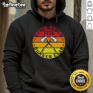 Real women wear Bunker Gear hoodie, vintage axe design, enjoying a sunset in a stylish outdoor setting.