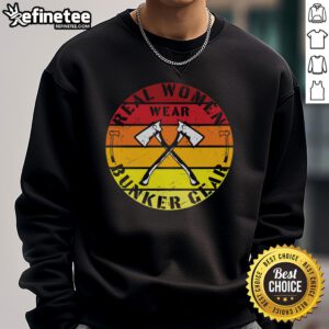 Real women wear bunker gear in a vintage axe sunset sweatshirt, showcasing strength and style against a beautiful sunset backdrop.