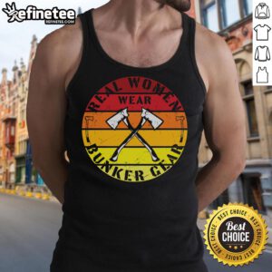 Real women in vintage axe sunset tank top, showcasing Bunker Gear style at sunset, embodying strength and confidence.