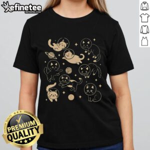 Cute astronaut cats in space on a ladies tee, featuring playful astro feline designs for cat lovers.