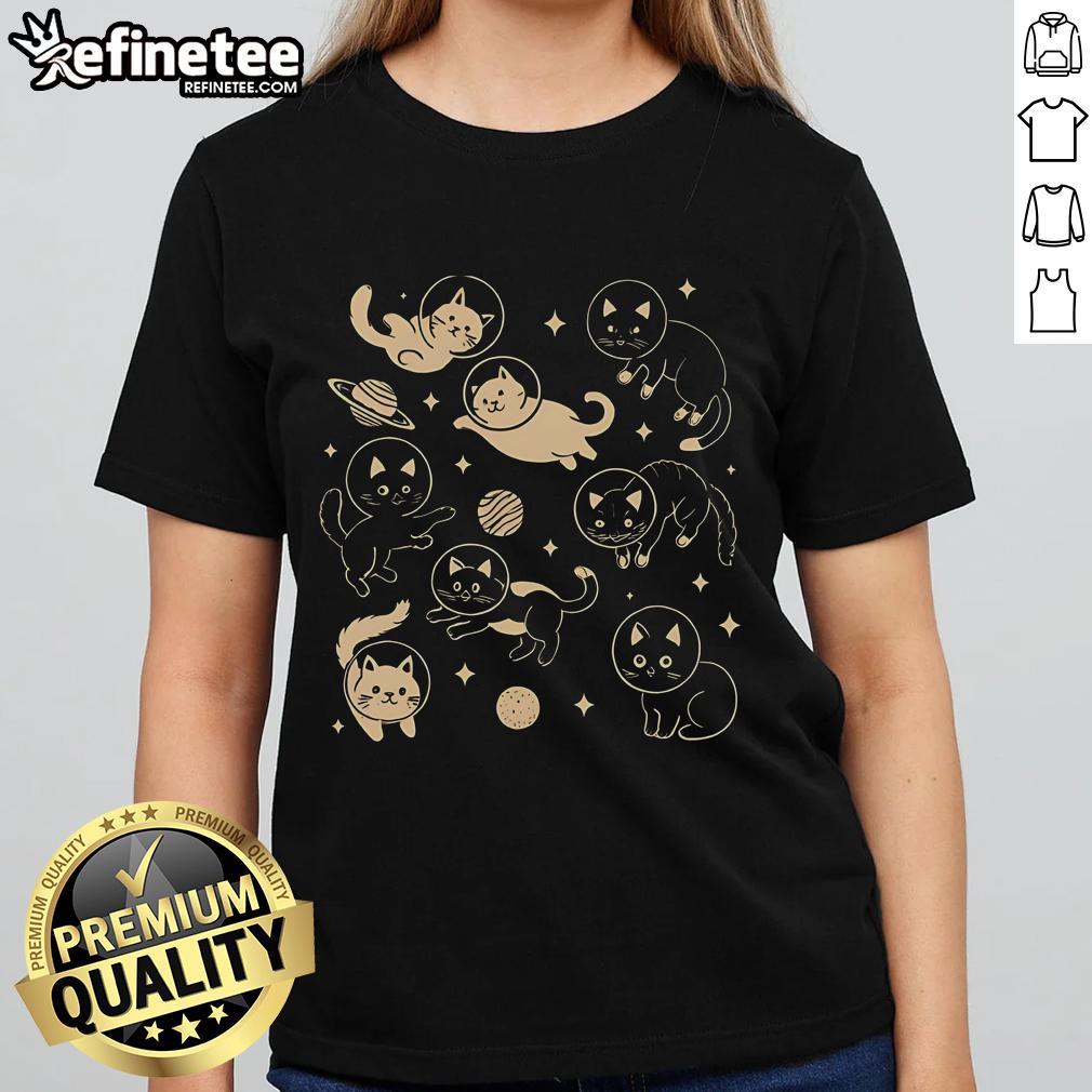 Cute astronaut cats in space on a ladies tee, featuring playful astro feline designs for cat lovers.