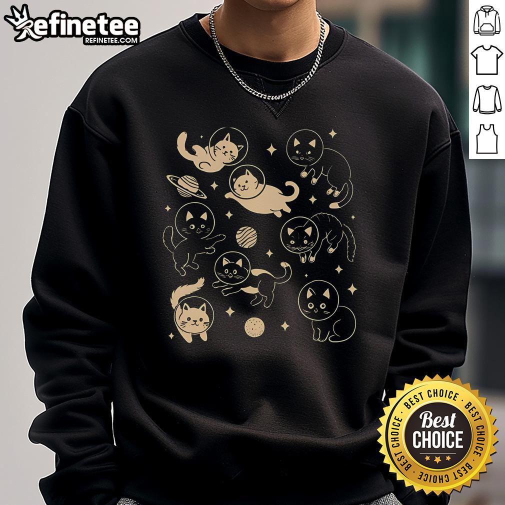 Cute astronaut cats in space featured on an Astro Feline sweatshirt, perfect for cat lovers and space enthusiasts.