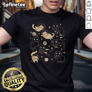 Cute astronaut cats in space on a vibrant t-shirt, perfect for feline lovers and space enthusiasts. Astro Feline design.