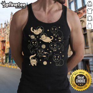 Alt Text: Cute astronaut cats floating in space on a trendy Astro Feline tank top design, perfect for cat lovers and space enthusiasts.