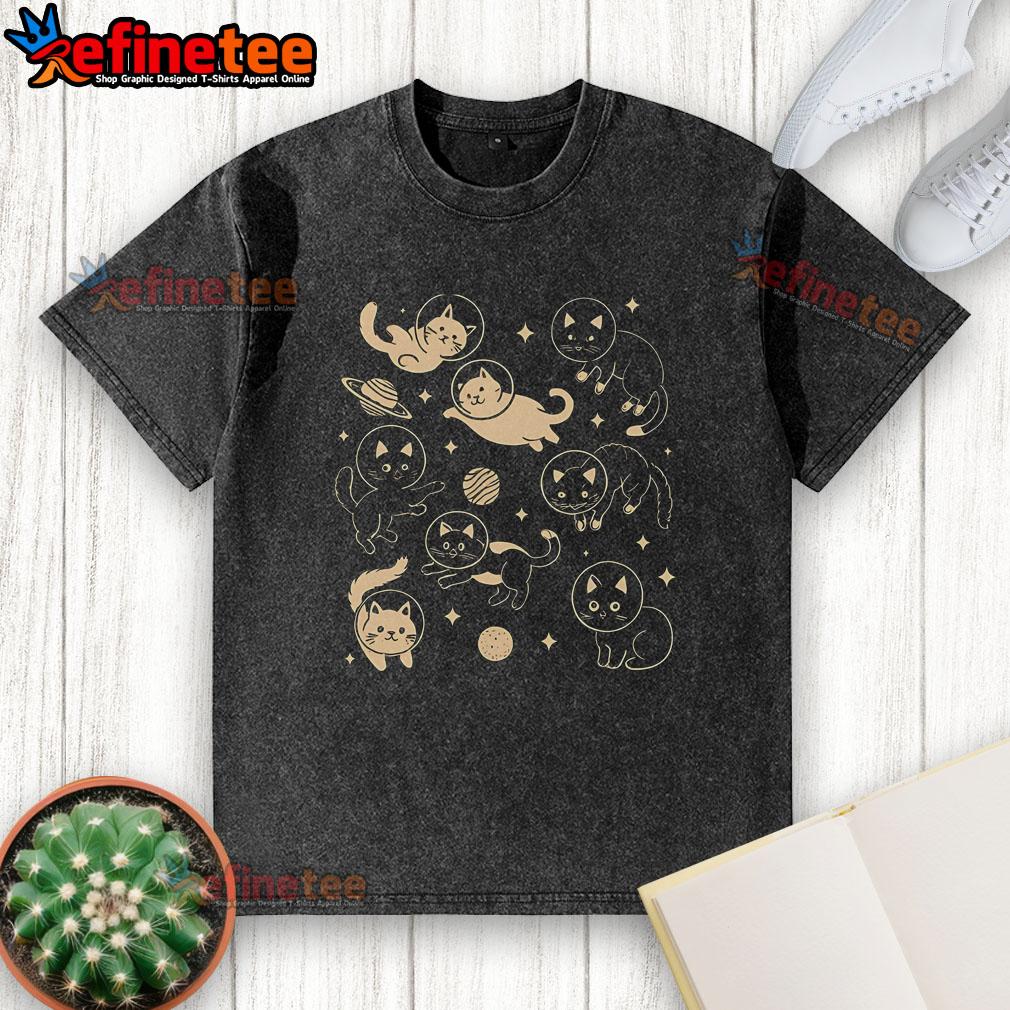 Alt Text: Cute astronaut cats in space on a washed t-shirt design, showcasing adorable astro feline graphics.