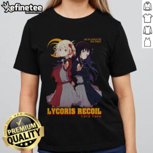 Alt Text: Cute LycoReco Lycoris Recoil ladies tee featuring vibrant anime graphics and stylish design for fans.